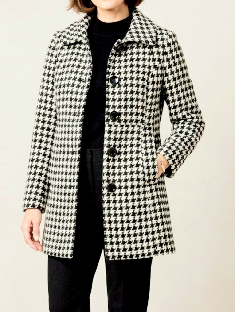 Collection By Gallery Black & White Houndstooth Wool Blend Classic Coat Size MP
